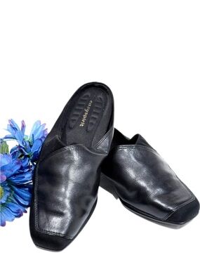 Easy Spirit Romonas Black Leather Fabric Slip-On Mules Clogs Shoe 2” Heel Sz 8W
